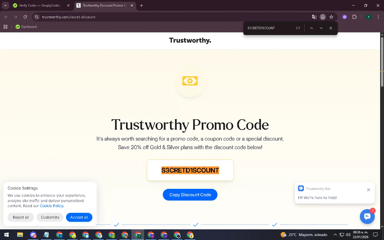 Trustworthy checkout page showing Trustworthy promo code box | Screenshot taken by SimplyCodes community member on Jan 22, 2026