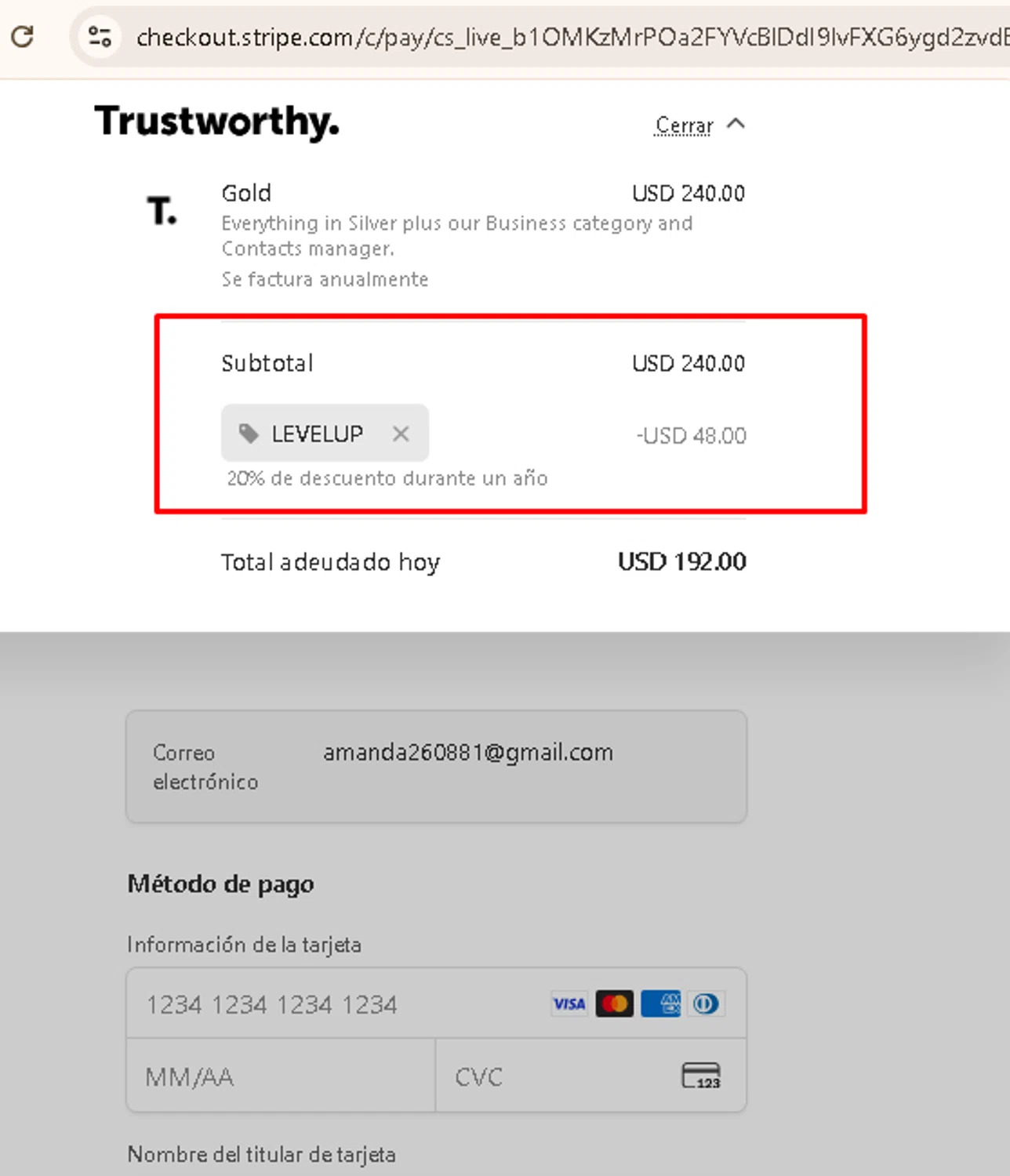 Trustworthy promo code screenshot showing code LEVELUP applied at Trustworthy checkout page. Uploaded by SimplyCodes community member AMANDA2681 on Oct 27, 2025