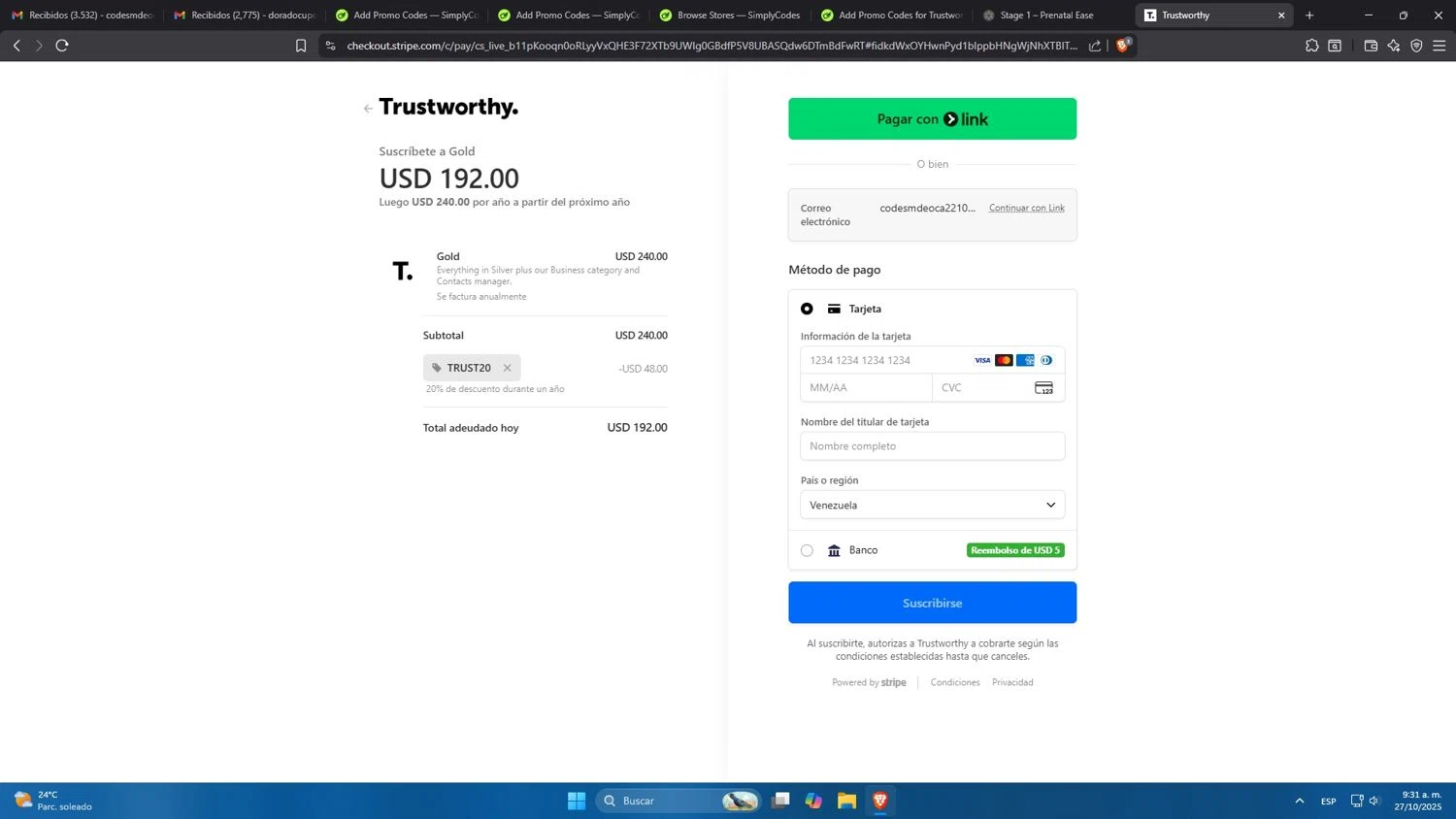 Trustworthy promo code screenshot showing code TRUST20 applied at Trustworthy checkout page. Uploaded by SimplyCodes community member Mdeoca on Oct 27, 2025