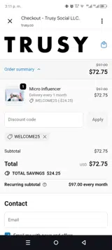 WELCOME25 coupon verification screenshot