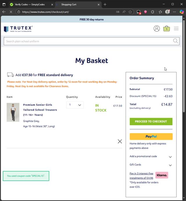Trutex checkout page showing Trutex promo code box | Screenshot taken by SimplyCodes community member on Sep 9, 2025