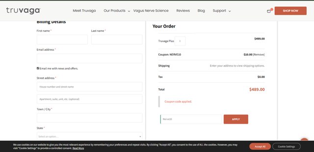 Truvaga checkout page showing Truvaga coupon code box | Screenshot taken by SimplyCodes community member on Aug 30, 2025