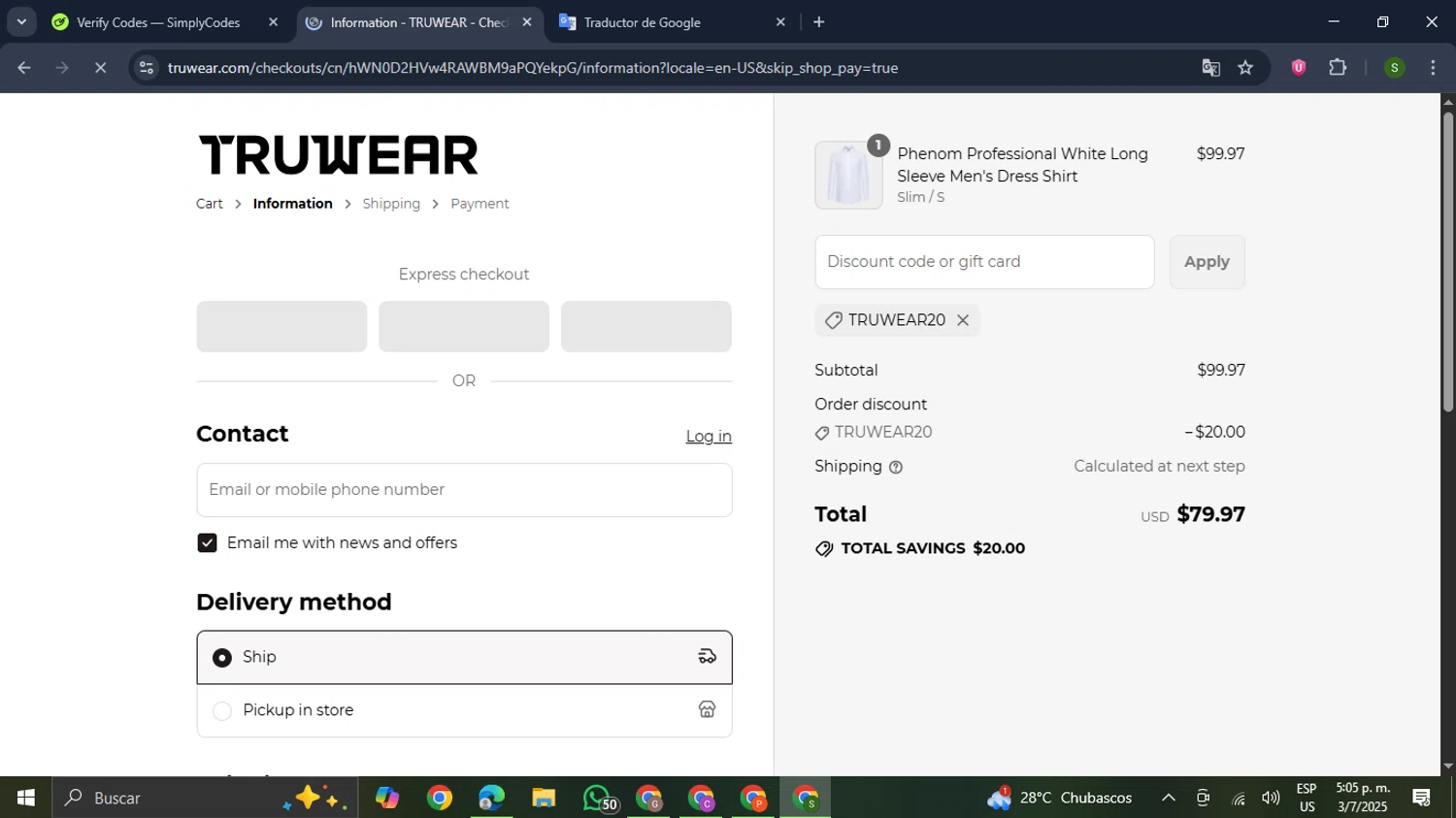 Truwear discount code screenshot showing code TRUWEAR20 applied at Truwear checkout page. Uploaded by SimplyCodes community member RewardMaverick445 on Jul 3, 2025