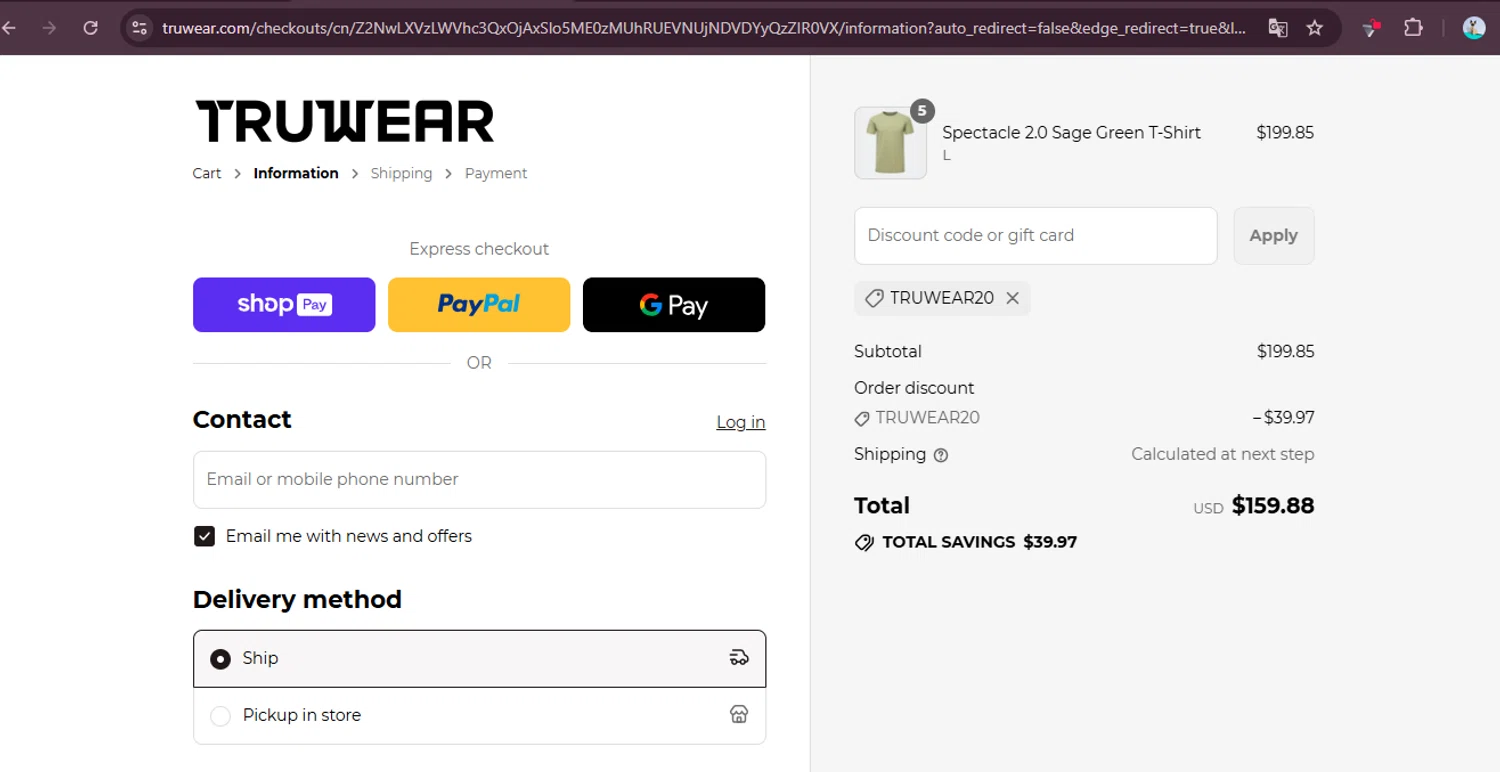 Truwear discount code screenshot showing code TRUWEAR20 applied at Truwear checkout page. Uploaded by SimplyCodes community member elgatobravo on Jul 3, 2025