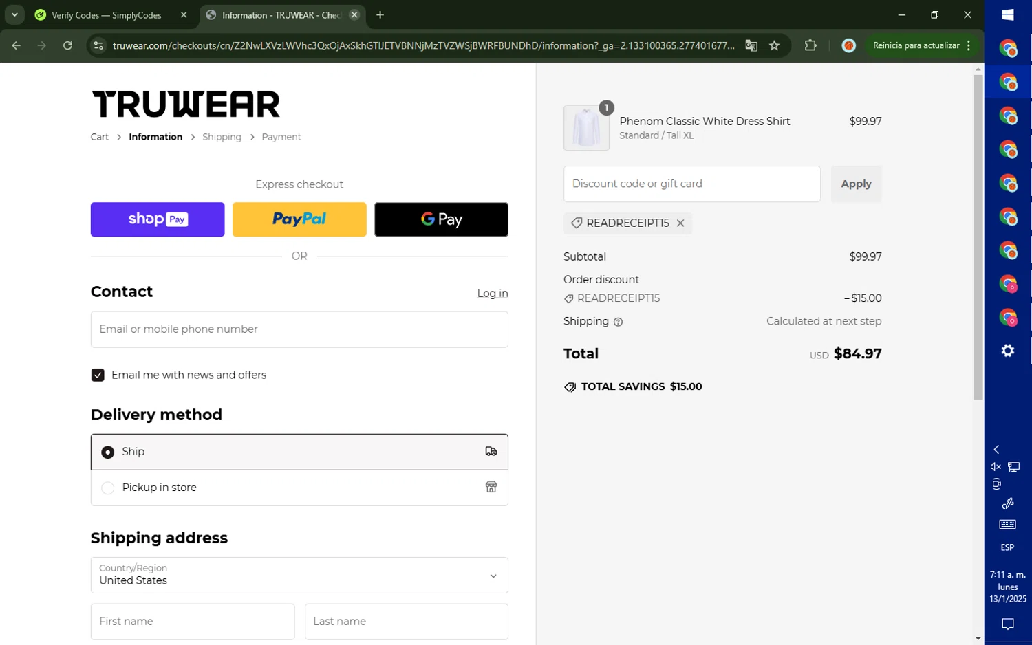 Truwear discount code screenshot showing code READRECEIPT15 applied at Truwear checkout page. Uploaded by SimplyCodes community member CashMaverick8128 on Jan 13, 2025