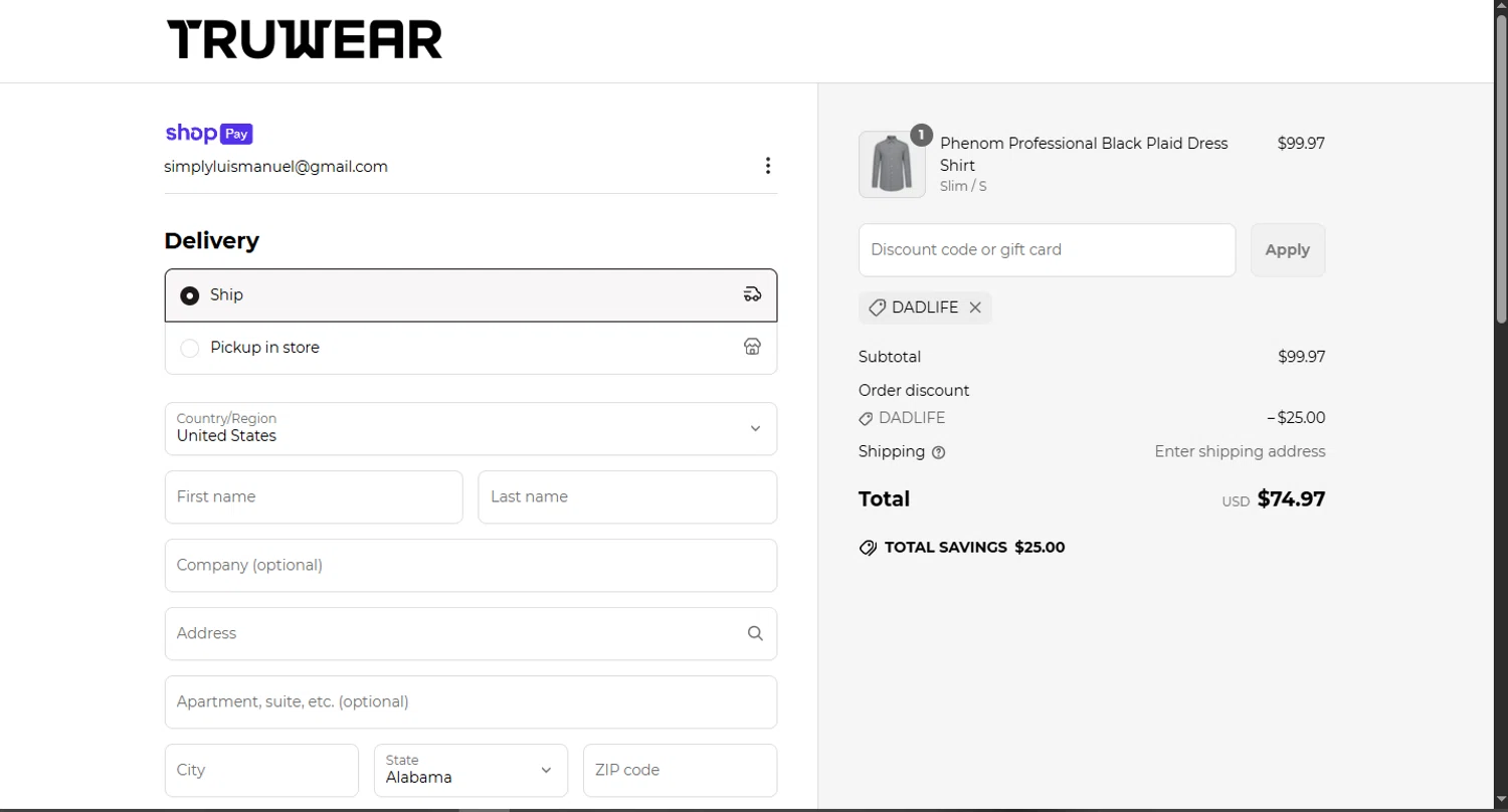Truwear discount code screenshot showing code DADLIFE applied at Truwear checkout page. Uploaded by SimplyCodes community member CouponHero3179 on Jun 19, 2025