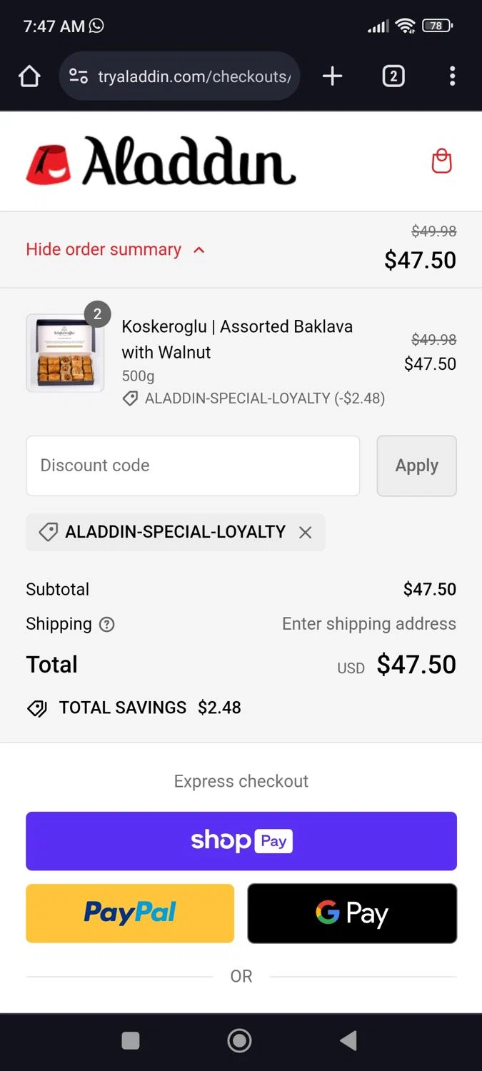 Try Aladdin checkout page showing Try Aladdin discount code box | Screenshot taken by SimplyCodes community member on May 27, 2024
