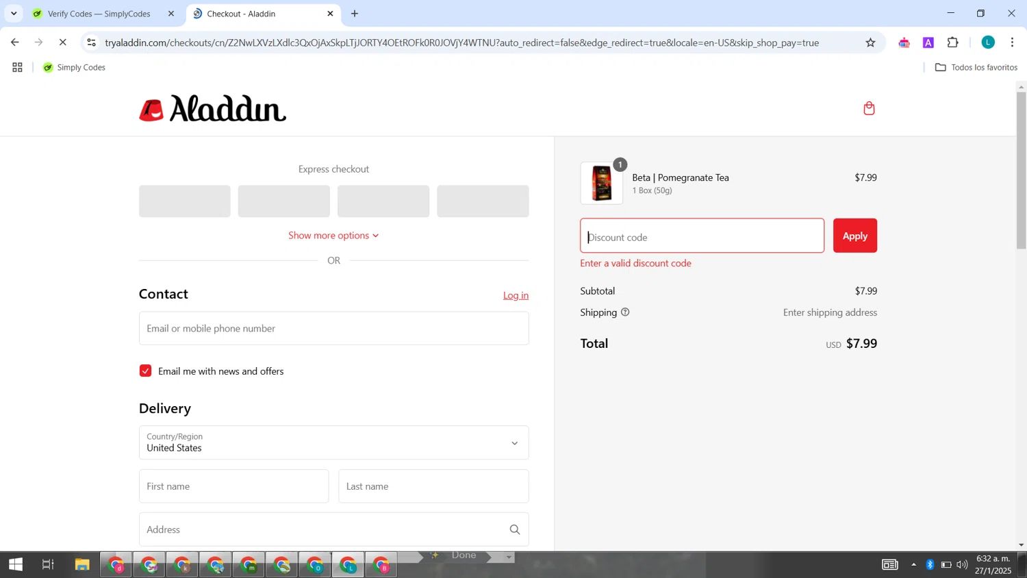 Try Aladdin discount code screenshot showing code WELCOMEALADDIN applied at Try Aladdin checkout page. Uploaded by SimplyCodes community member LuckyLegend792 on Jan 27, 2025