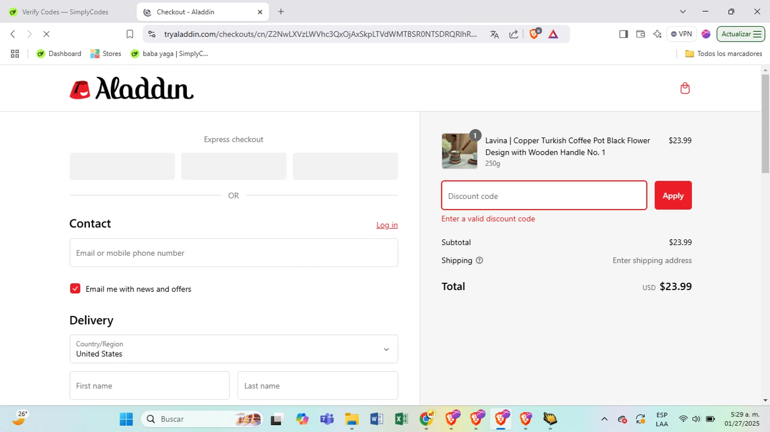 Try Aladdin discount code screenshot showing code WELCOMEALADDIN applied at Try Aladdin checkout page. Uploaded by SimplyCodes community member BrilliantSpotter8809 on Jan 27, 2025