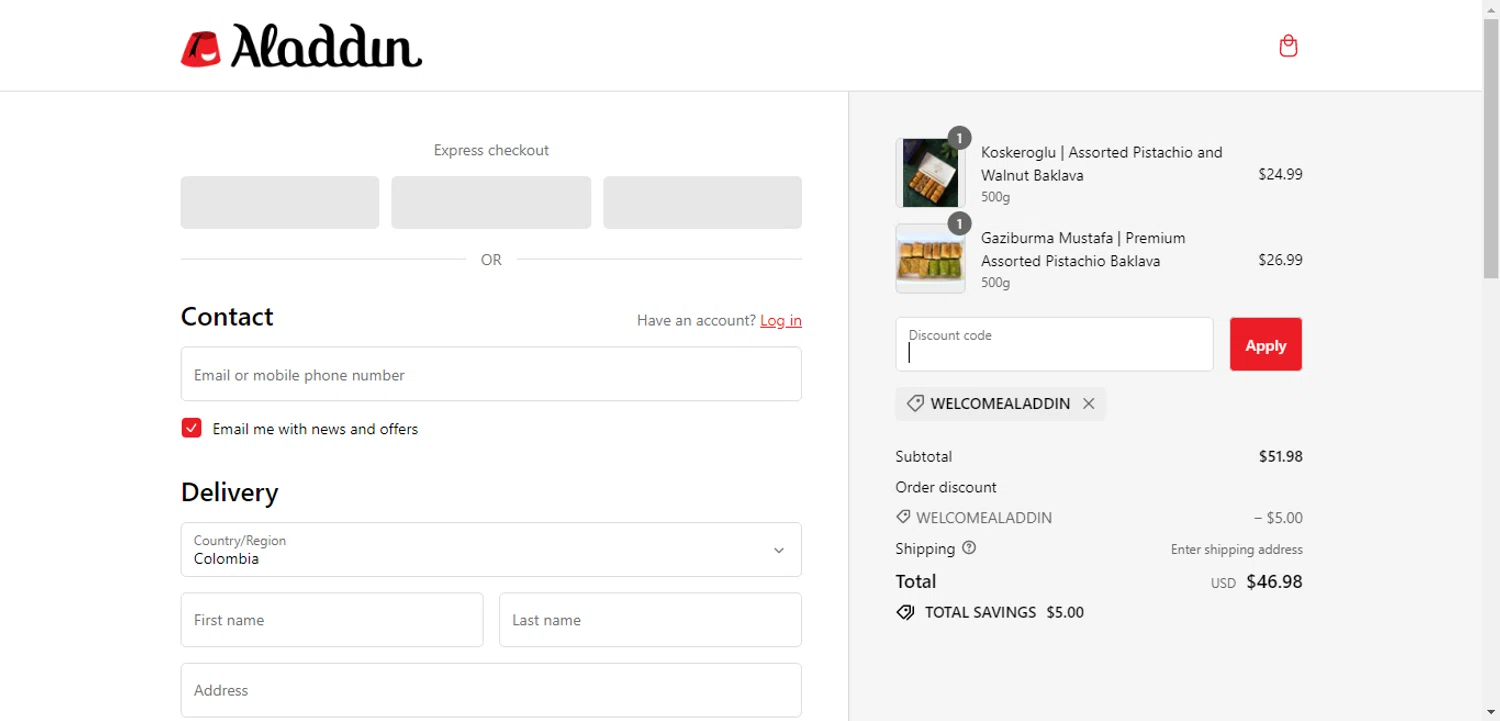 Try Aladdin checkout page showing Try Aladdin discount code box | Screenshot taken by SimplyCodes community member on Jan 29, 2024