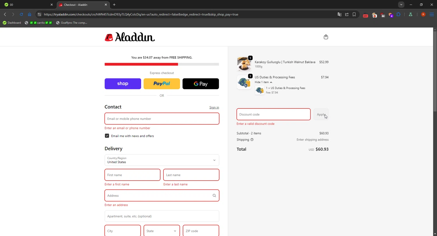 Try Aladdin discount code screenshot showing code TrendsFavorits_20 applied at Try Aladdin checkout page. Uploaded by SimplyCodes community member SavvyFinder1532 on Oct 14, 2025