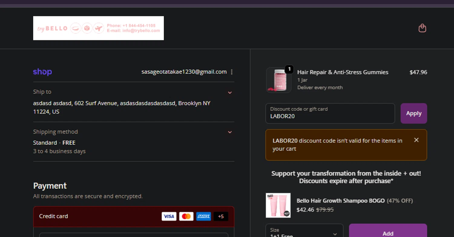 Trybello discount code screenshot showing code LABOR20 applied at Trybello checkout page. Uploaded by SimplyCodes community member FIREINTHEHOLE on Nov 14, 2025