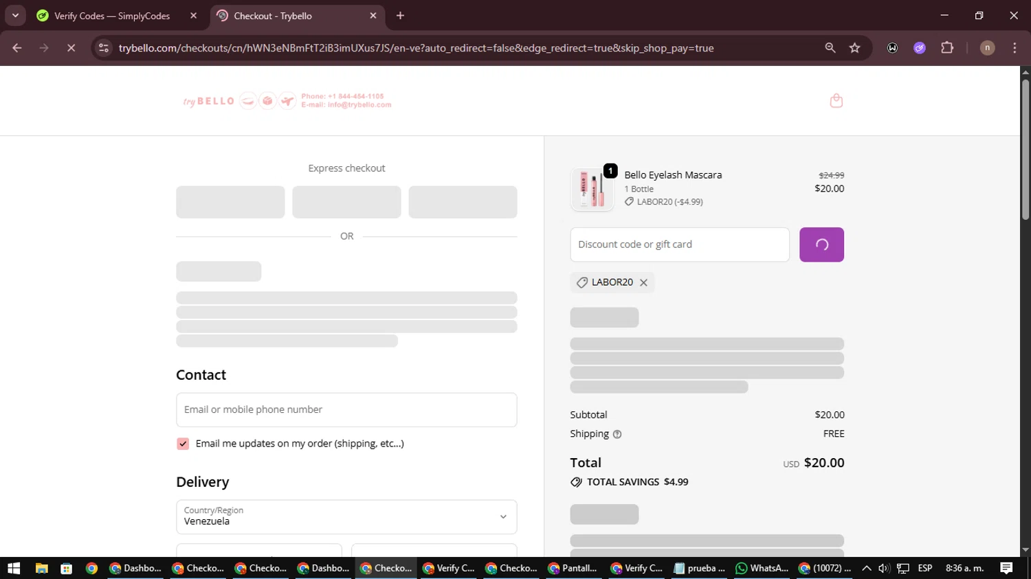 Trybello discount code screenshot showing code LABOR20 applied at Trybello checkout page. Uploaded by SimplyCodes community member SmartWarden8713 on Oct 2, 2025