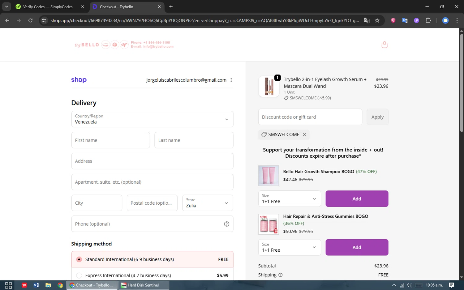 Trybello discount code screenshot showing code SMSWELCOME applied at Trybello checkout page. Uploaded by SimplyCodes community member LuckyEagle8698 on Jan 2, 2026