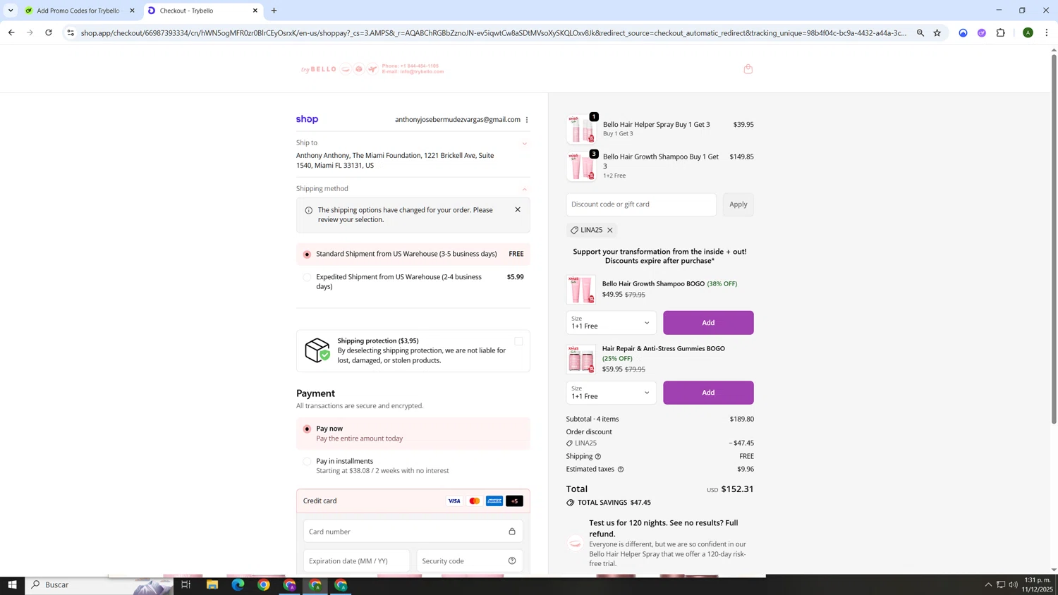 Trybello discount code screenshot showing code LINA25 applied at Trybello checkout page. Uploaded by SimplyCodes community member AnthonyGTX on Dec 11, 2025