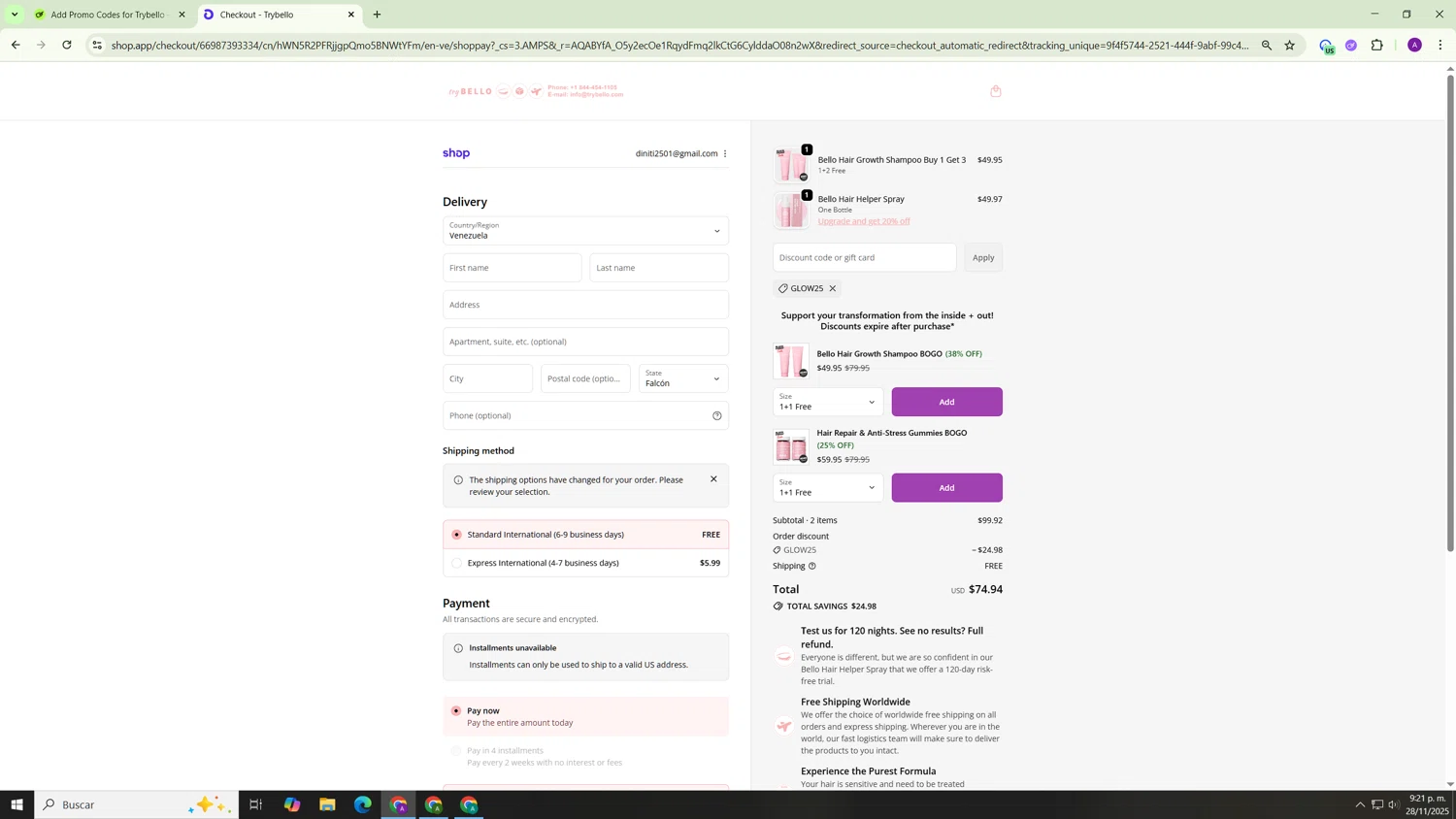 Trybello discount code screenshot showing code GLOW25 applied at Trybello checkout page. Uploaded by SimplyCodes community member Hasta_El_Final on Nov 29, 2025