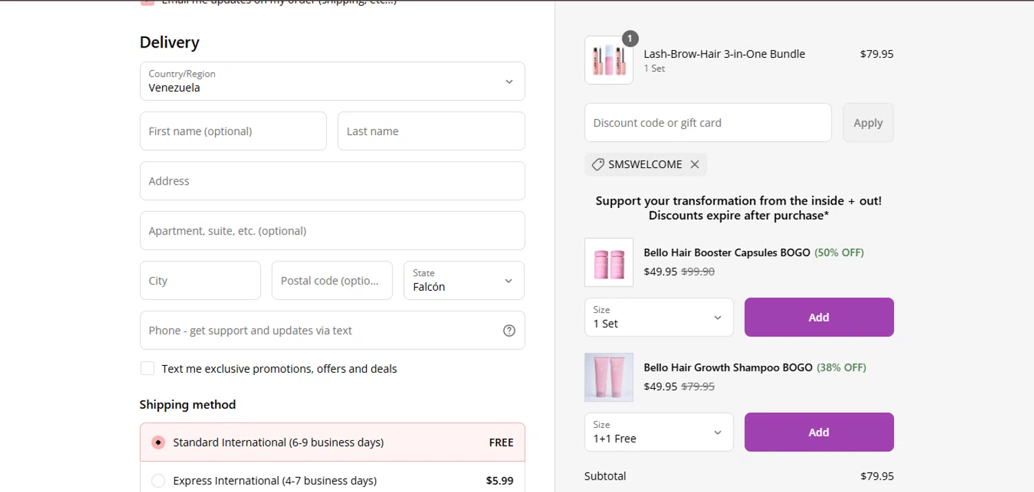 Trybello discount code screenshot showing code SMSWELCOME applied at Trybello checkout page. Uploaded by SimplyCodes community member juanisaac on Sep 8, 2025