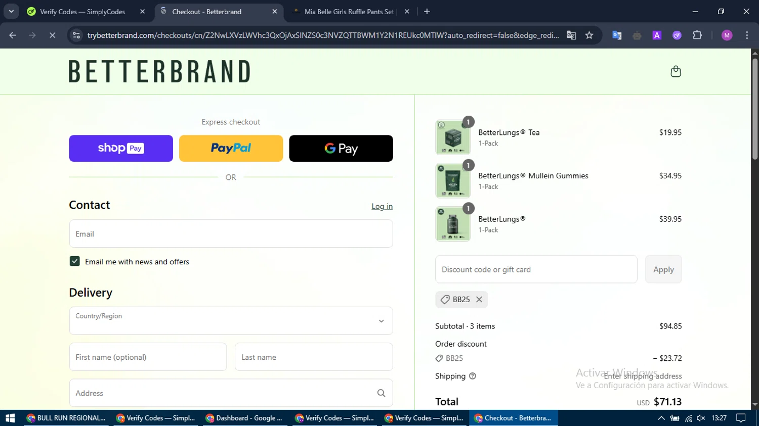 Betterbrand discount code screenshot showing code BB25 applied at Betterbrand checkout page. Uploaded by SimplyCodes community member MightyTracker1549 on Apr 28, 2025