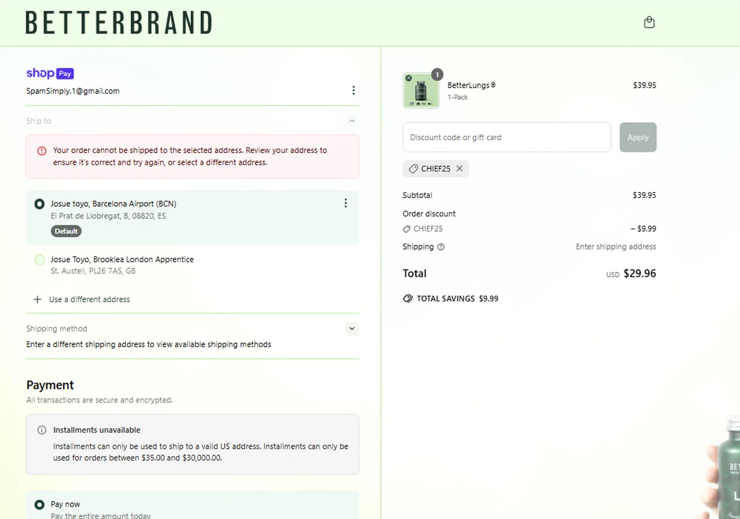 Betterbrand discount code screenshot showing code Chief25 applied at Betterbrand checkout page. Uploaded by SimplyCodes community member THEBANANA on Jun 13, 2025