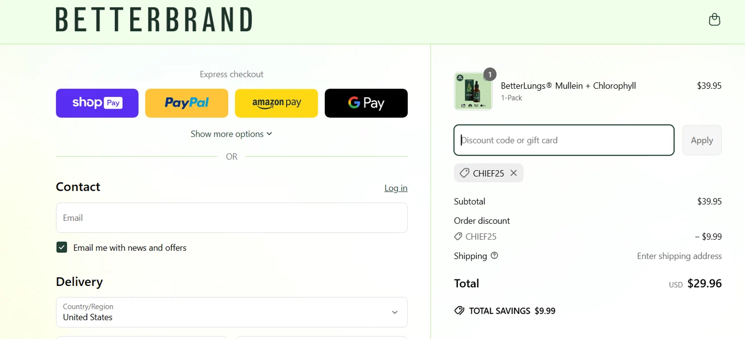 Betterbrand discount code screenshot showing code Chief25 applied at Betterbrand checkout page. Uploaded by SimplyCodes community member enzoonova on Apr 21, 2025