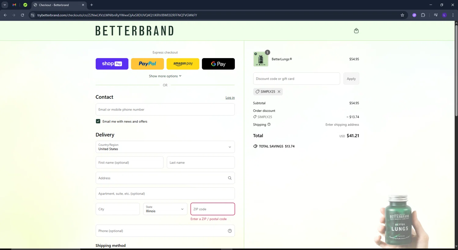Betterbrand discount code screenshot showing code Simply25 applied at Betterbrand checkout page. Uploaded by SimplyCodes community member CoinElite8726 on Jun 22, 2025