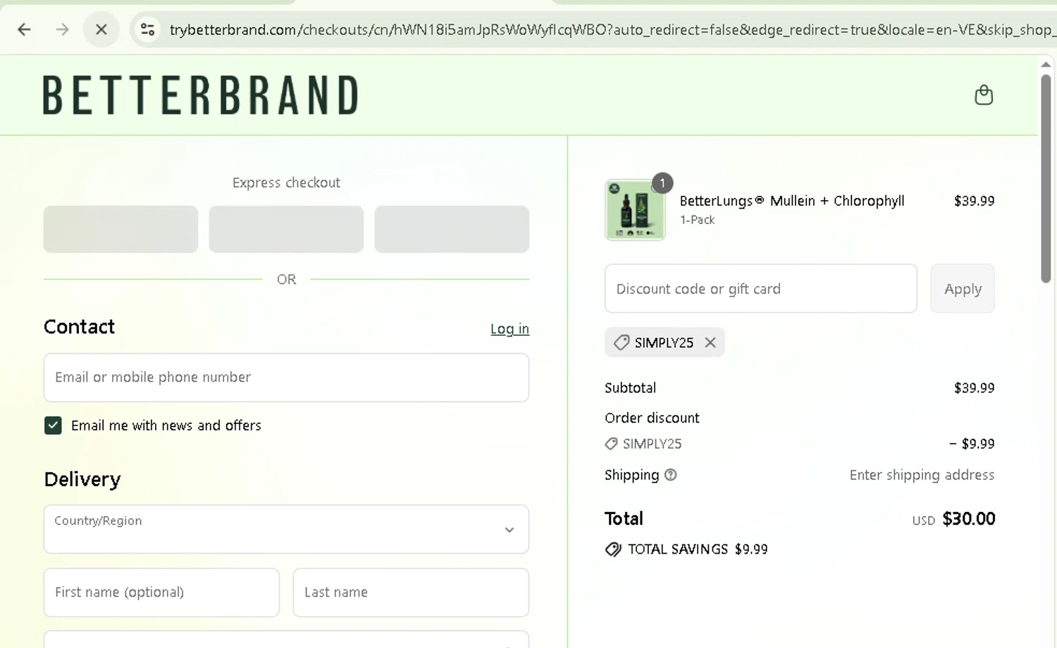 Betterbrand discount code screenshot showing code Simply25 applied at Betterbrand checkout page. Uploaded by SimplyCodes community member TreasureMaverick5280 on Jul 28, 2025
