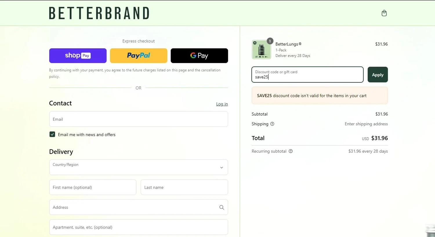 Betterbrand discount code screenshot showing code save25 applied at Betterbrand checkout page. Uploaded by SimplyCodes community member TOTONEROFL on Mar 11, 2025