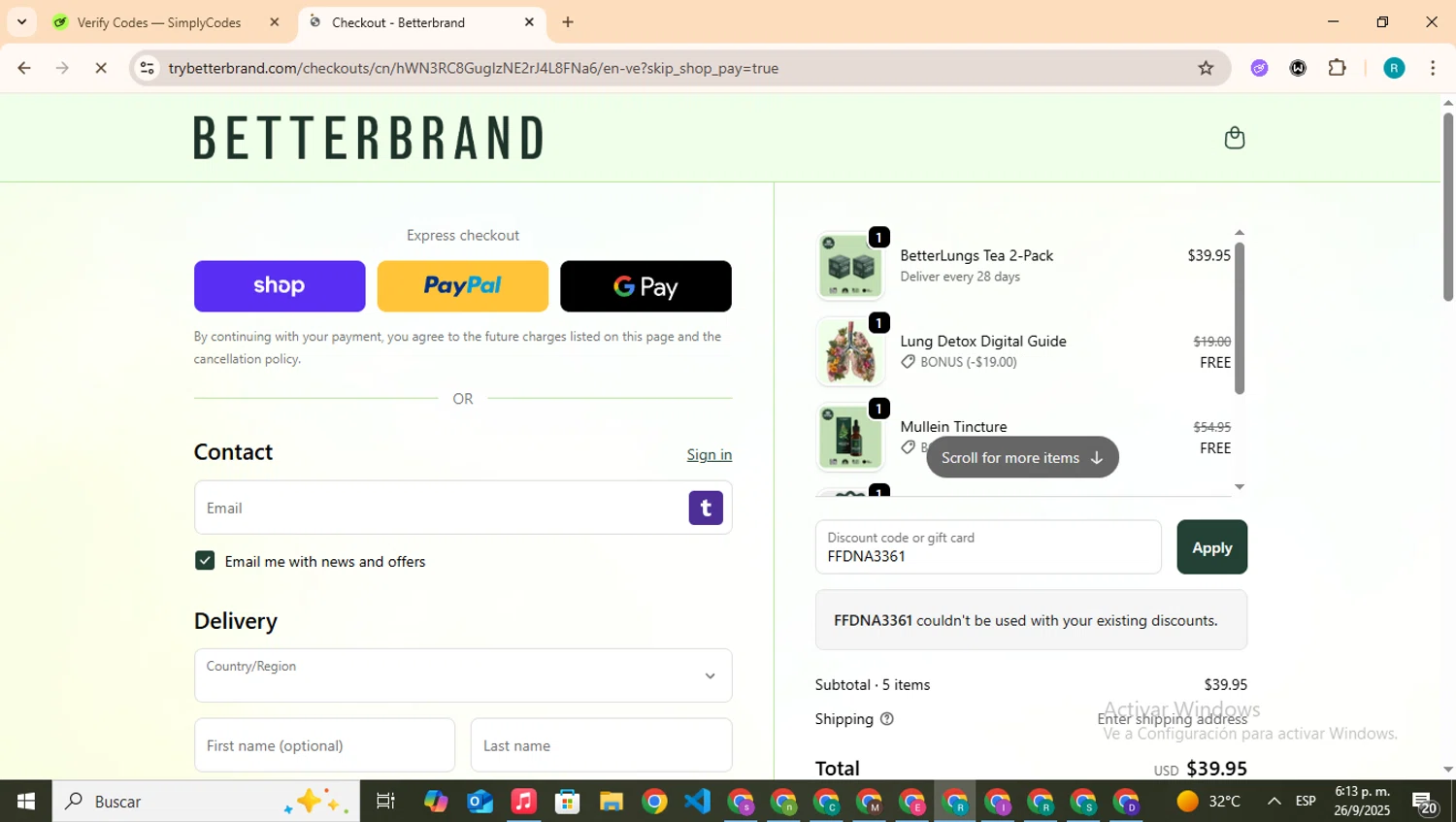 Betterbrand discount code screenshot showing code FFDNA3361 applied at Betterbrand checkout page. Uploaded by SimplyCodes community member BudgetHero4407 on Sep 26, 2025