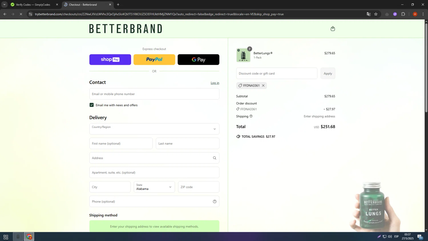 Betterbrand discount code screenshot showing code FFDNA3361 applied at Betterbrand checkout page. Uploaded by SimplyCodes community member usename on May 27, 2025