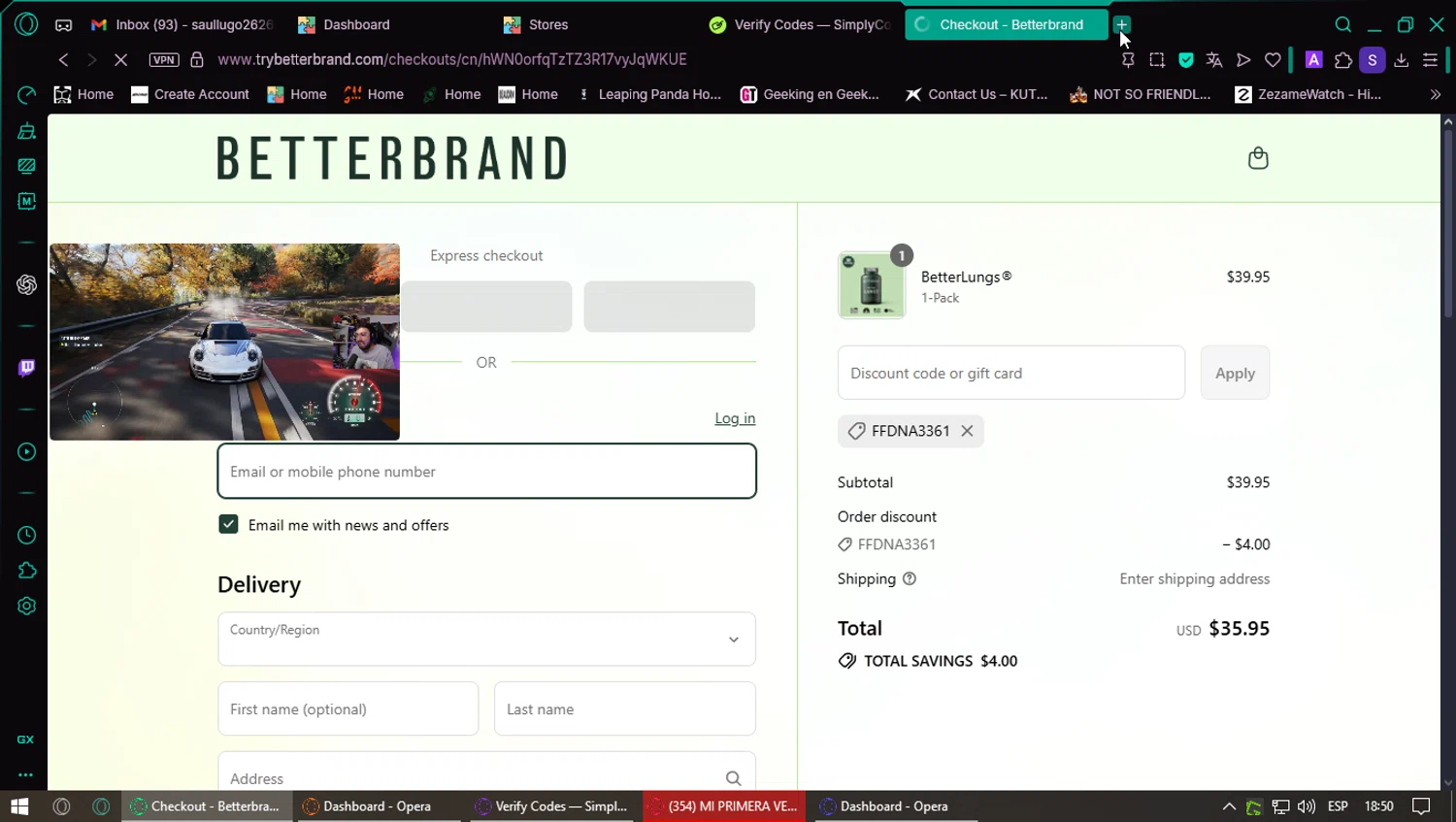 Betterbrand discount code screenshot showing code FFDNA3361 applied at Betterbrand checkout page. Uploaded by SimplyCodes community member VoucherSentinel6666 on Jul 19, 2025