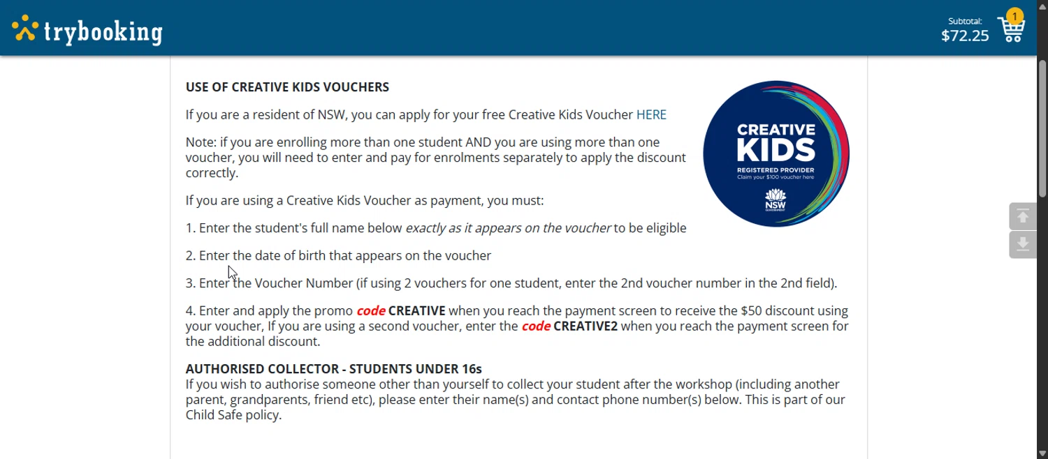 TryBooking promo code screenshot showing code CREATIVE2 applied at TryBooking checkout page. Uploaded by SimplyCodes community member 111111 on Oct 25, 2025