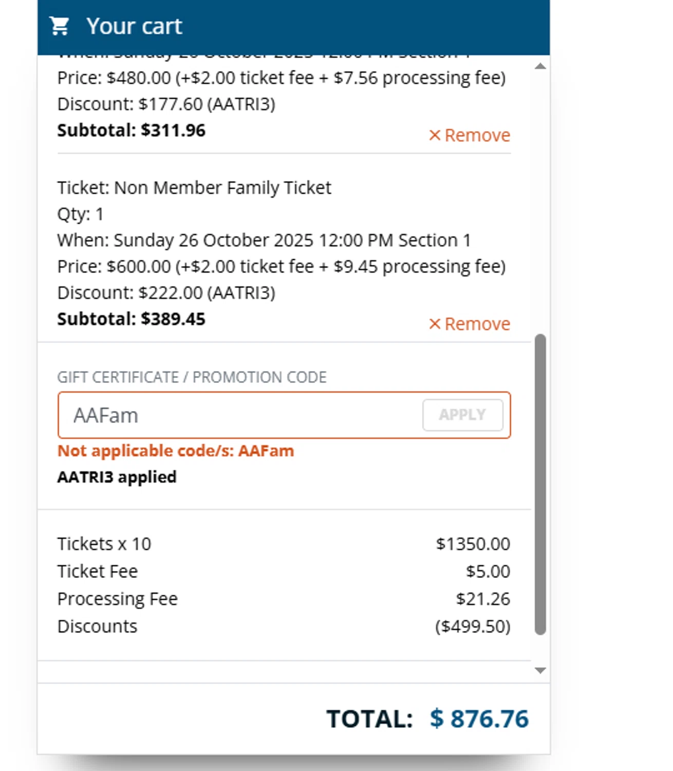 TryBooking promo code screenshot showing code AAFam applied at TryBooking checkout page. Uploaded by SimplyCodes community member CouponGuardian8137 on Oct 14, 2025