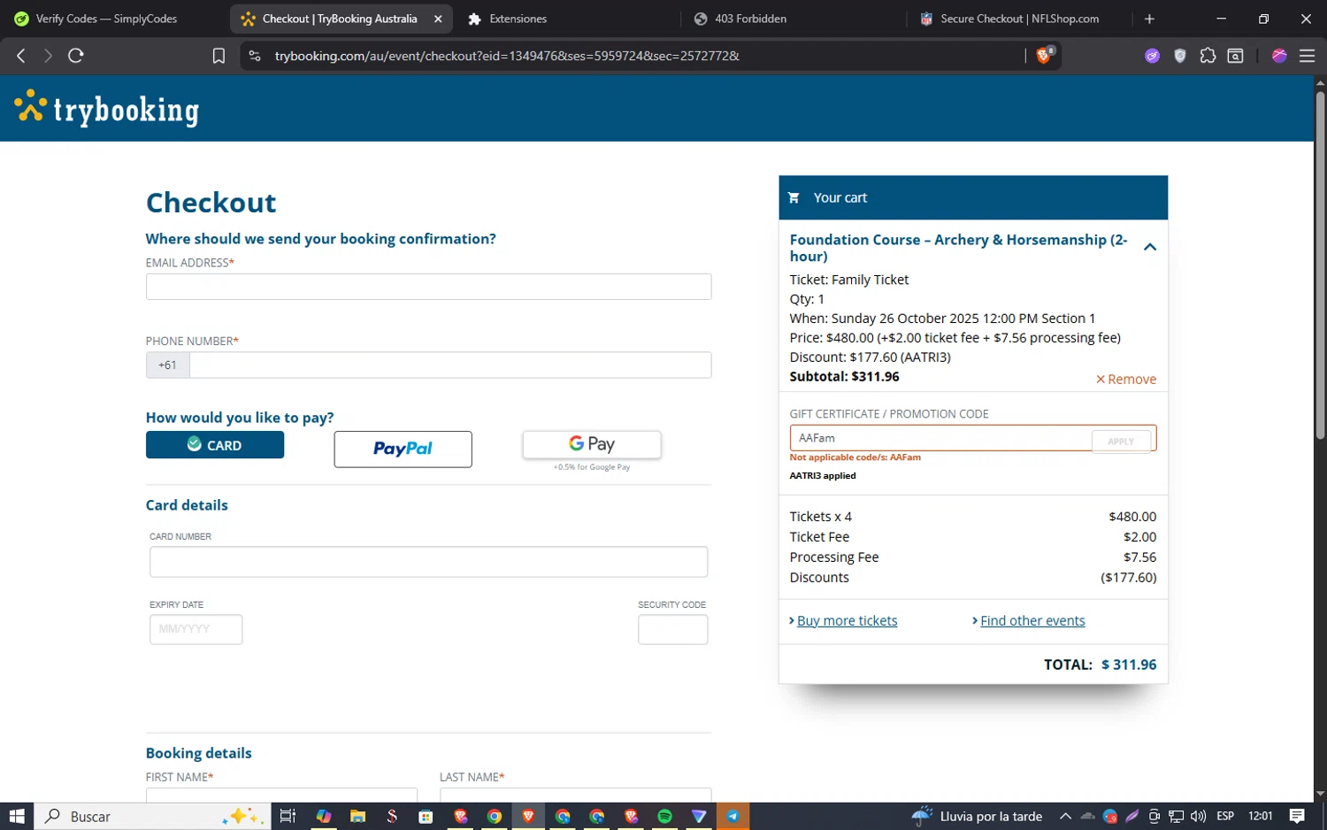 TryBooking promo code screenshot showing code AAFam applied at TryBooking checkout page. Uploaded by SimplyCodes community member SmartSaver5858 on Oct 14, 2025