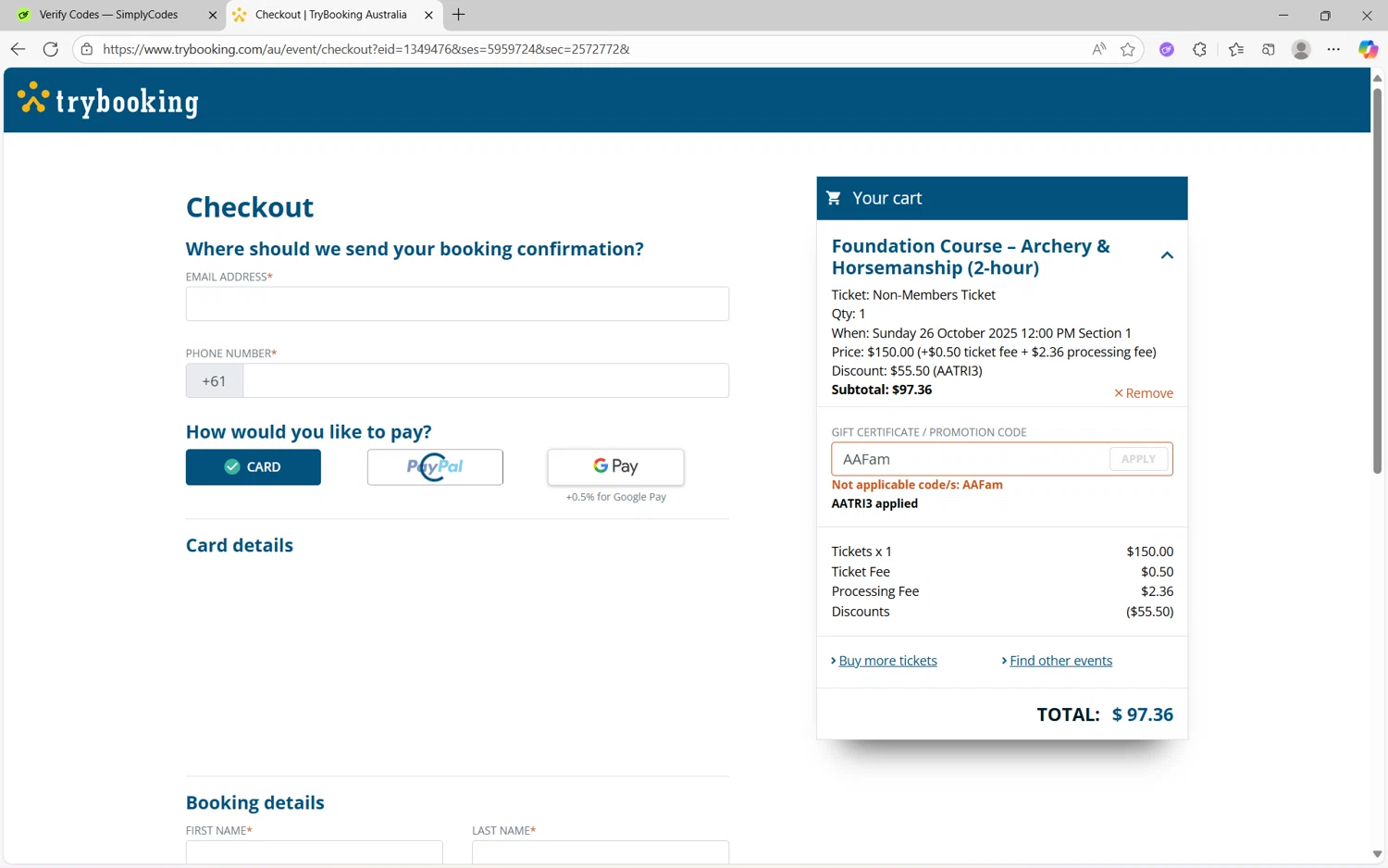 TryBooking promo code screenshot showing code AAFam applied at TryBooking checkout page. Uploaded by SimplyCodes community member frijolito on Oct 8, 2025