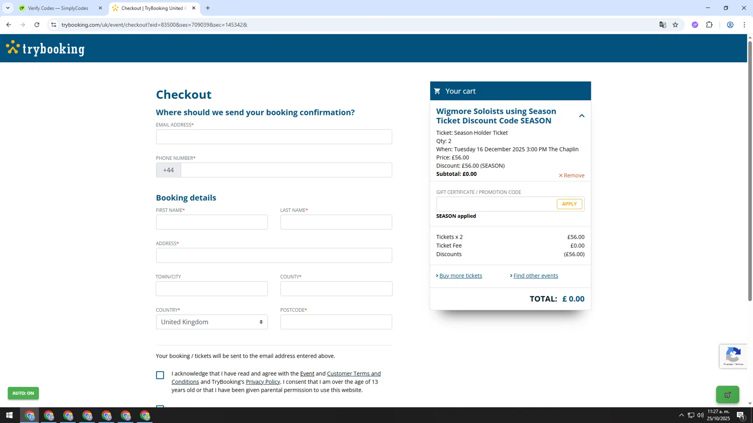 TryBooking promo code screenshot showing code SEASON applied at TryBooking checkout page. Uploaded by SimplyCodes community member MRYORMAN on Oct 25, 2025