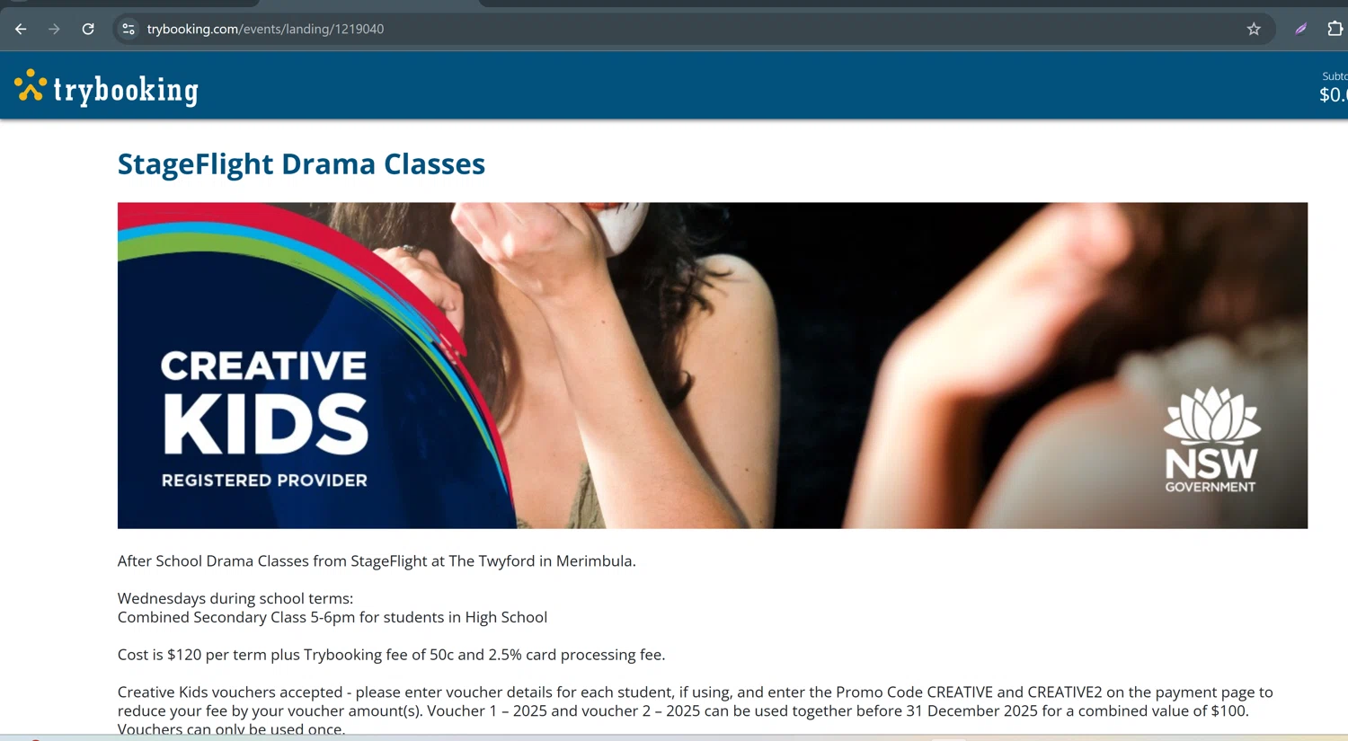 TryBooking promo code screenshot showing code CREATIVE2 applied at TryBooking checkout page. Uploaded by SimplyCodes community member ParisSmith on Dec 22, 2025