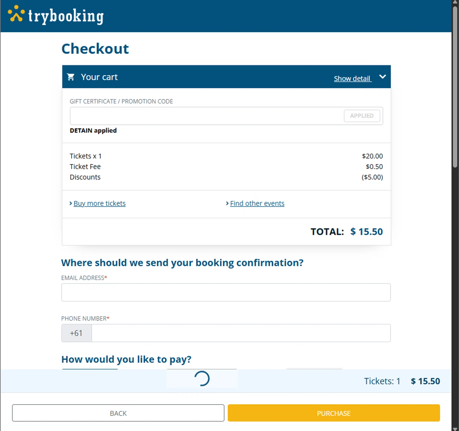 TryBooking promo code screenshot showing code DETAIN applied at TryBooking checkout page. Uploaded by SimplyCodes community member PillarsofCreation on Nov 28, 2025