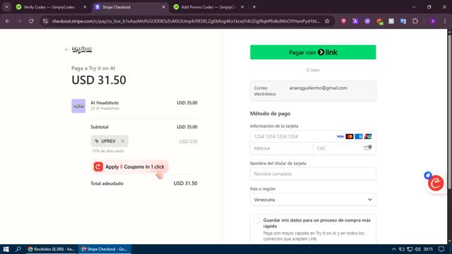Try it on AI checkout page showing Try it on AI promo code box | Screenshot taken by SimplyCodes community member on Jul 9, 2025