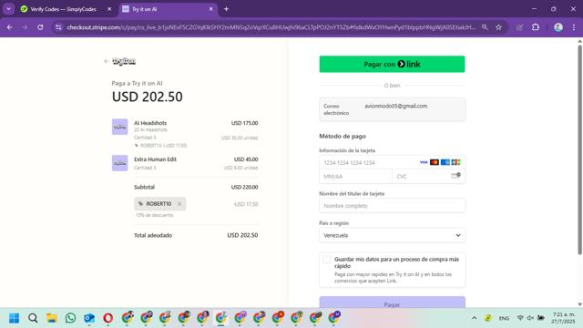 Try it on AI checkout page showing Try it on AI promo code box | Screenshot taken by SimplyCodes community member on Jul 27, 2025