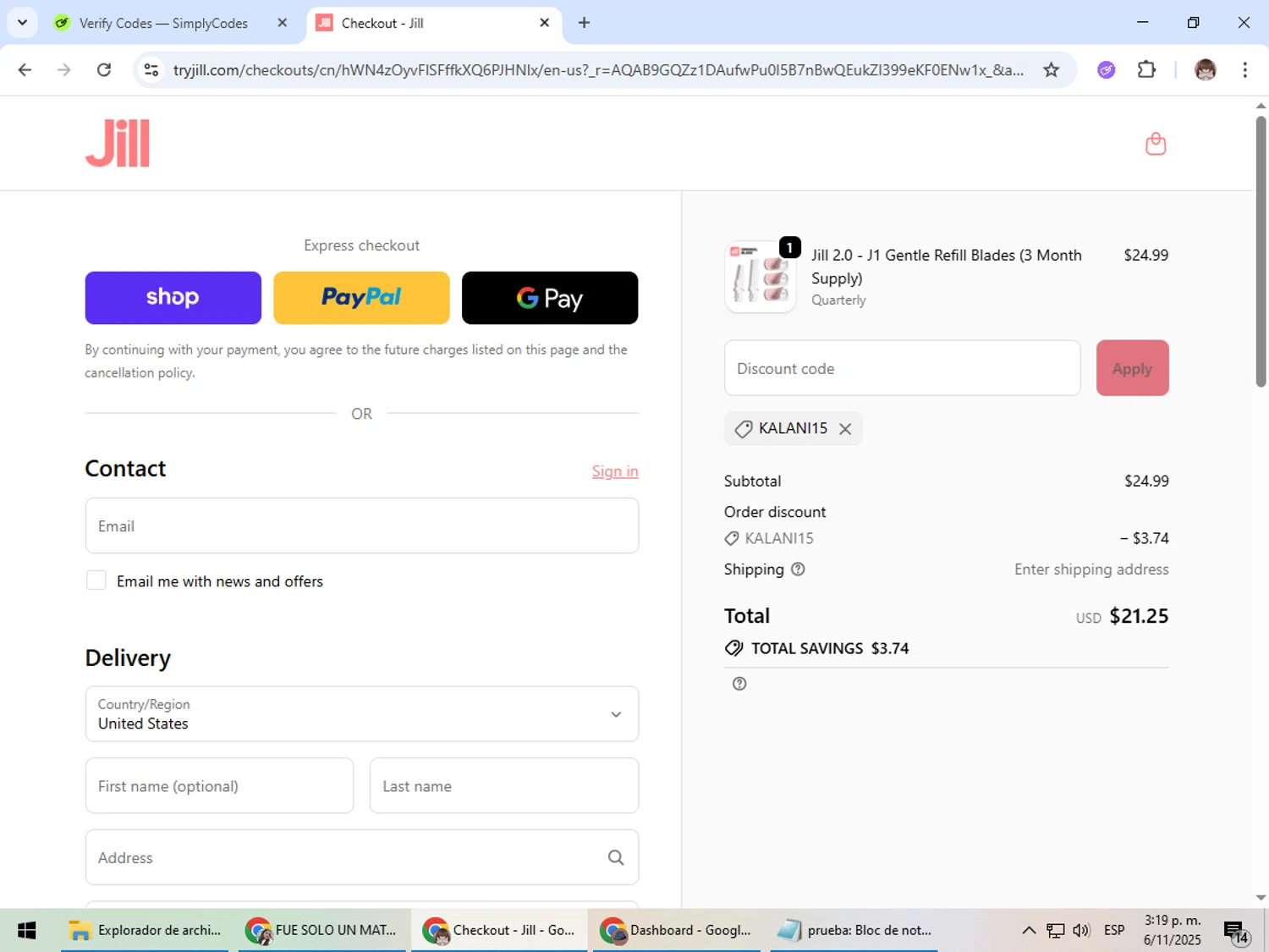 Jill promo code screenshot showing code KALANI15 applied at Jill checkout page. Uploaded by SimplyCodes community member Jepsii on Nov 6, 2025