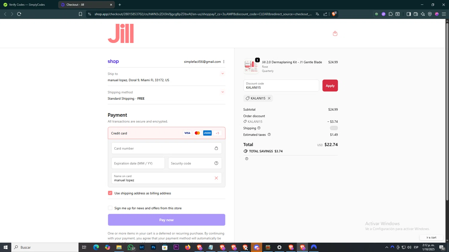 Jill promo code screenshot showing code KALANI15 applied at Jill checkout page. Uploaded by SimplyCodes community member ELHIJOEMILA on Oct 1, 2025