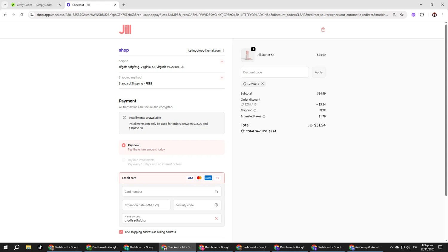 Jill promo code screenshot showing code ezmia15 applied at Jill checkout page. Uploaded by SimplyCodes community member Salometta on Nov 22, 2025