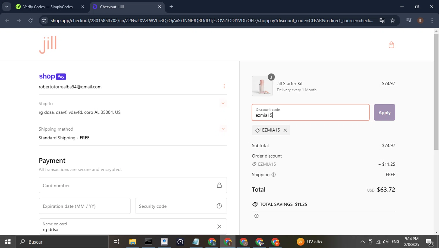 Jill promo code screenshot showing code ezmia15 applied at Jill checkout page. Uploaded by SimplyCodes community member WonderPilot3689 on Feb 9, 2025