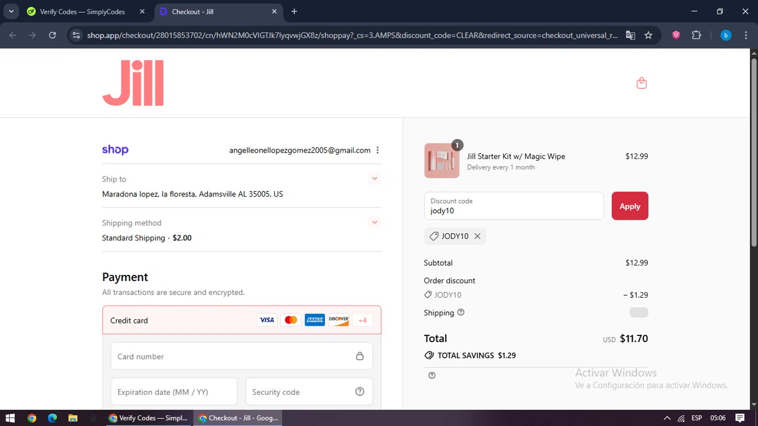 Jill promo code screenshot showing code jody10 applied at Jill checkout page. Uploaded by SimplyCodes community member bilijr on Aug 29, 2025