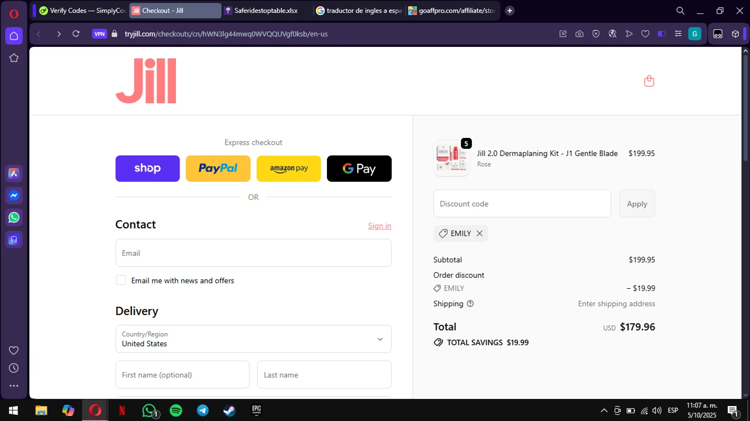 Jill promo code screenshot showing code EMILY applied at Jill checkout page. Uploaded by SimplyCodes community member ValiantWarden3907 on Oct 5, 2025