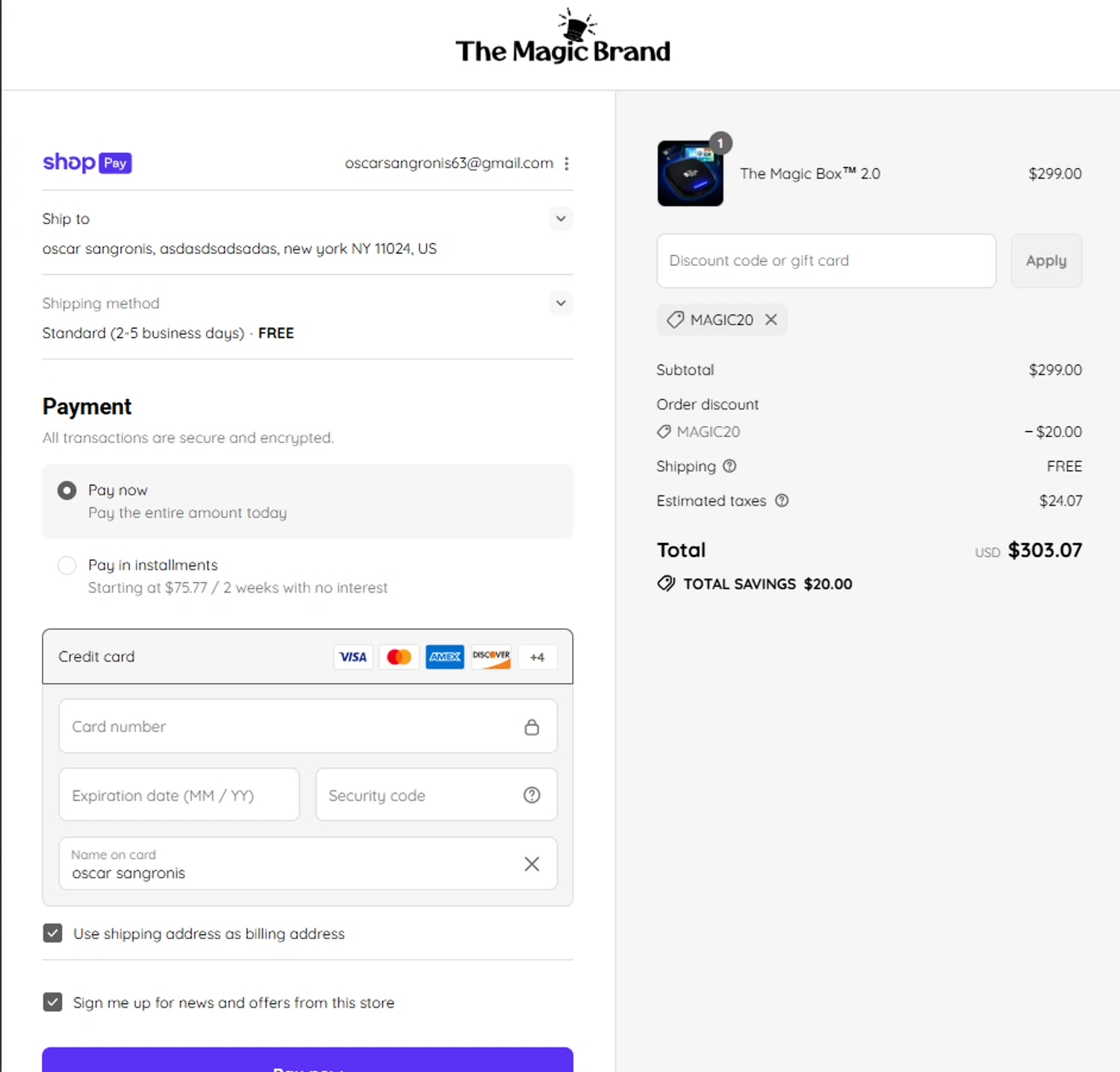 The Magic Brand discount code screenshot showing code MAGIC20 applied at The Magic Brand checkout page. Uploaded by SimplyCodes community member La_Cara_Mia on Aug 11, 2025