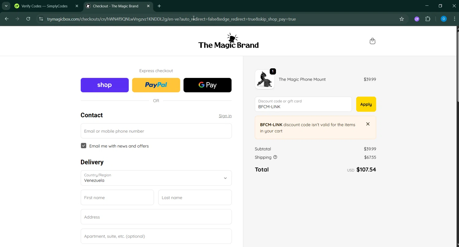 The Magic Brand discount code screenshot showing code BFCM-LINK applied at The Magic Brand checkout page. Uploaded by SimplyCodes community member GoldChaser6627 on Oct 29, 2025