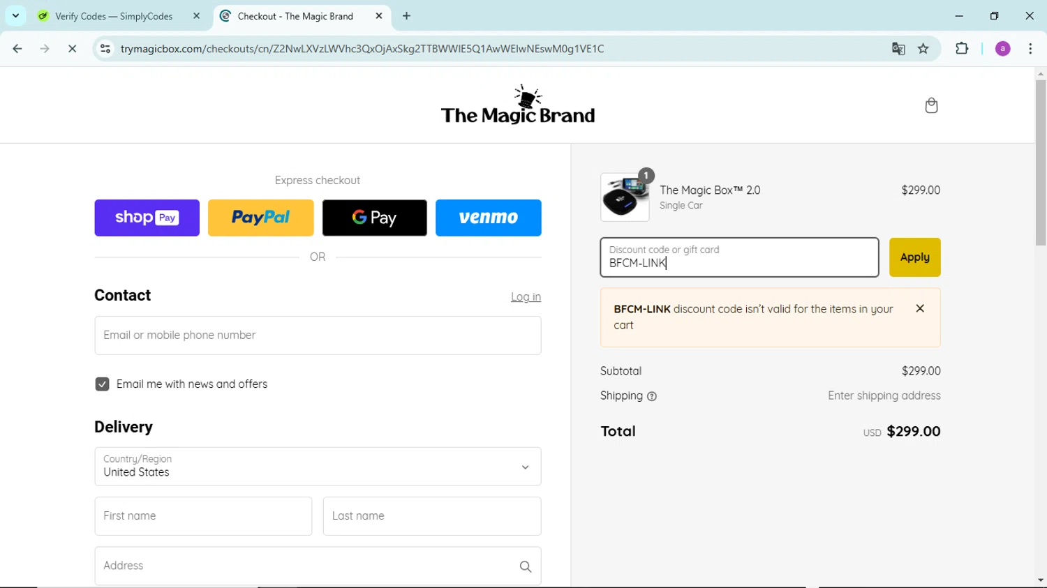 The Magic Brand discount code screenshot showing code BFCM-LINK applied at The Magic Brand checkout page. Uploaded by SimplyCodes community member PennyBoss9589 on Jan 9, 2025