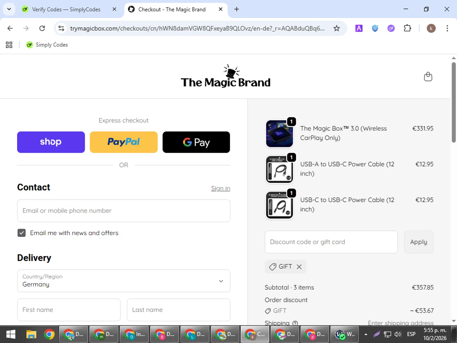 The Magic Brand discount code screenshot showing code gift applied at The Magic Brand checkout page. Uploaded by SimplyCodes community member RewardRanger298 on Feb 10, 2026