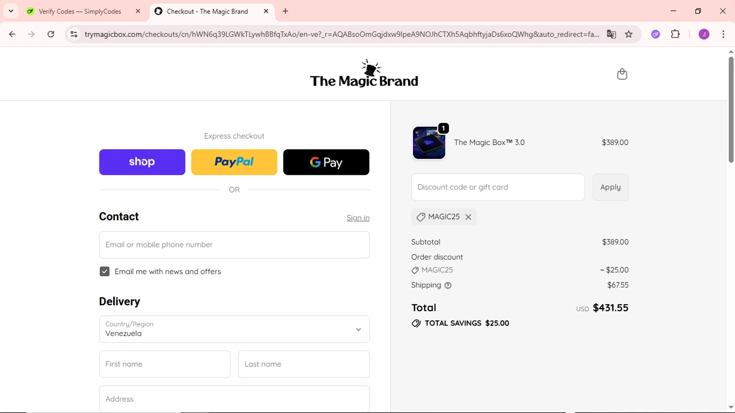 The Magic Brand discount code screenshot showing code Magic25 applied at The Magic Brand checkout page. Uploaded by SimplyCodes community member NobleSaver3560 on Dec 25, 2025